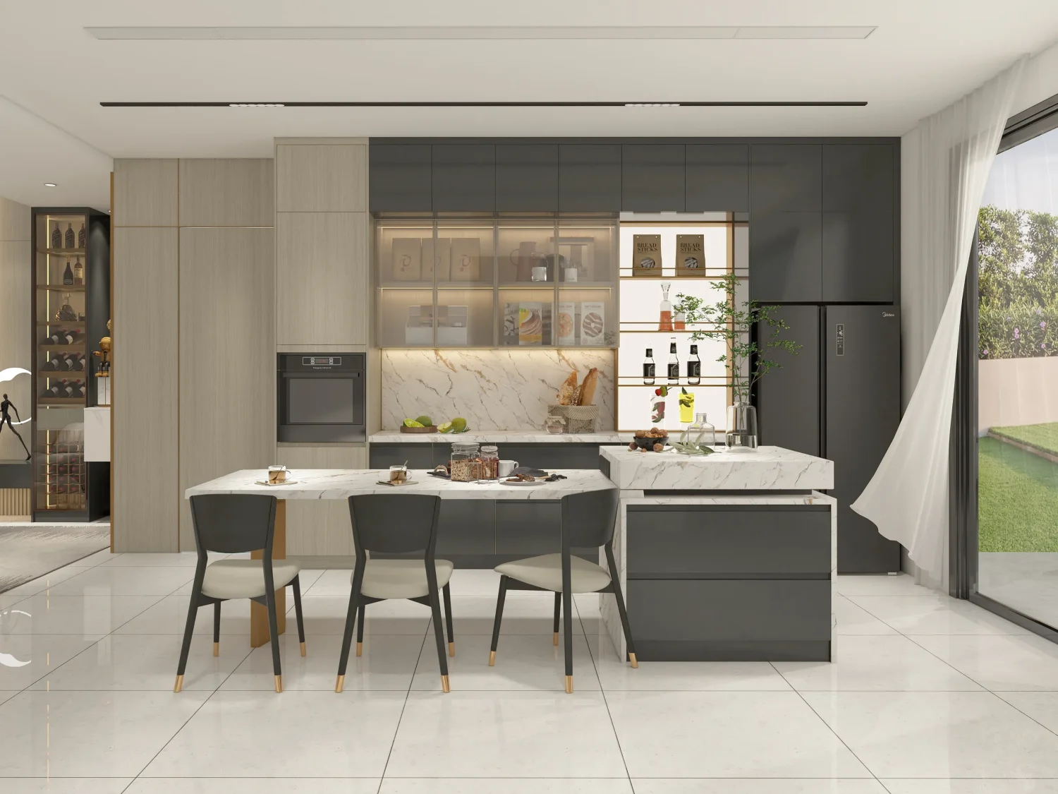 Desain Lemari Dapur Kustom Minimalis dengan Sentuhan Kayu & Marmer