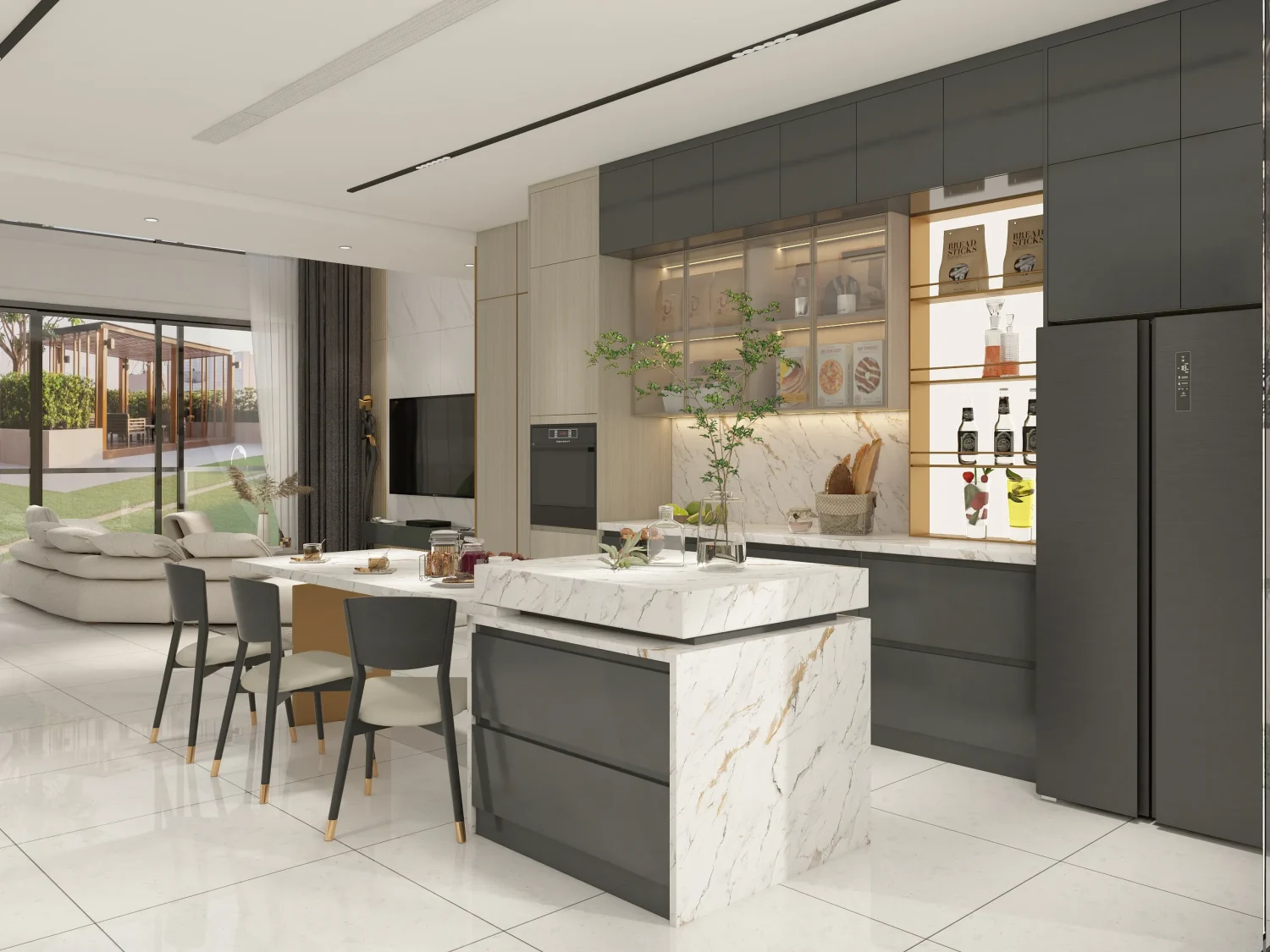 Desain Lemari Dapur Kustom Minimalis dengan Sentuhan Kayu & Marmer