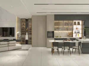 Desain Lemari Dapur Kustom Minimalis dengan Sentuhan Kayu & Marmer