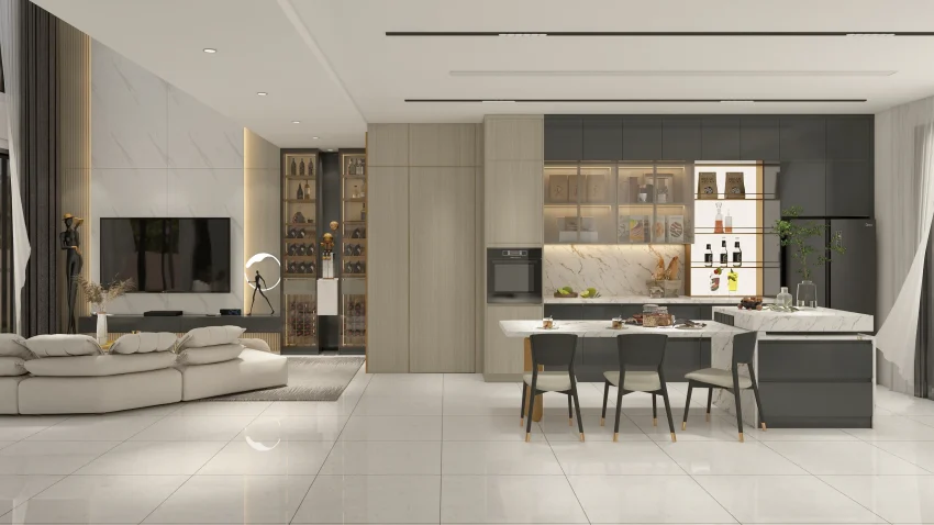 Desain Lemari Dapur Kustom Minimalis dengan Sentuhan Kayu & Marmer