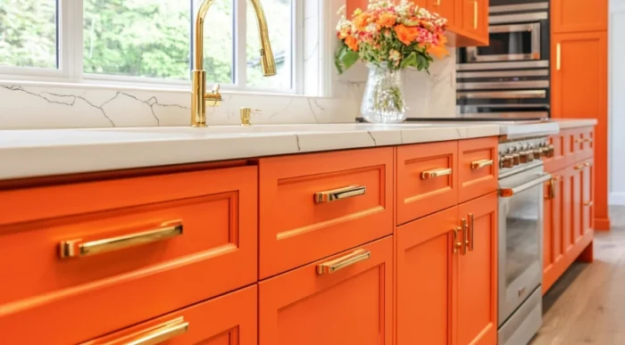 Gabinetes con acentos de color naranja y herrajes dorados