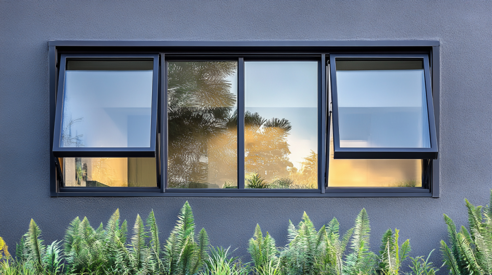 Modern aluminum awning window with multiple panes, open outward, showing a sleek design and clear glass.