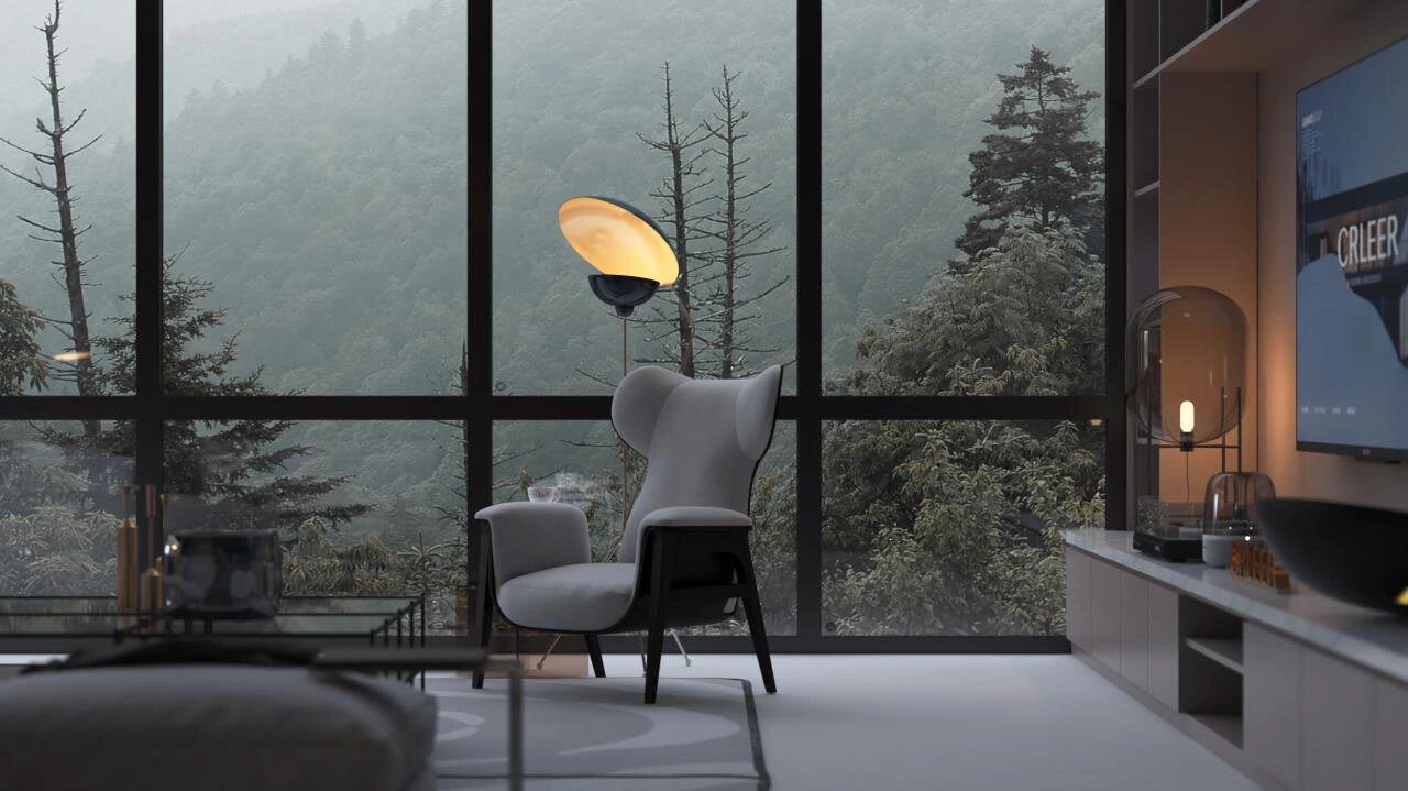Floor-to-ceiling black aluminum-framed windows showcasing a stunning forest view in a modern living room.