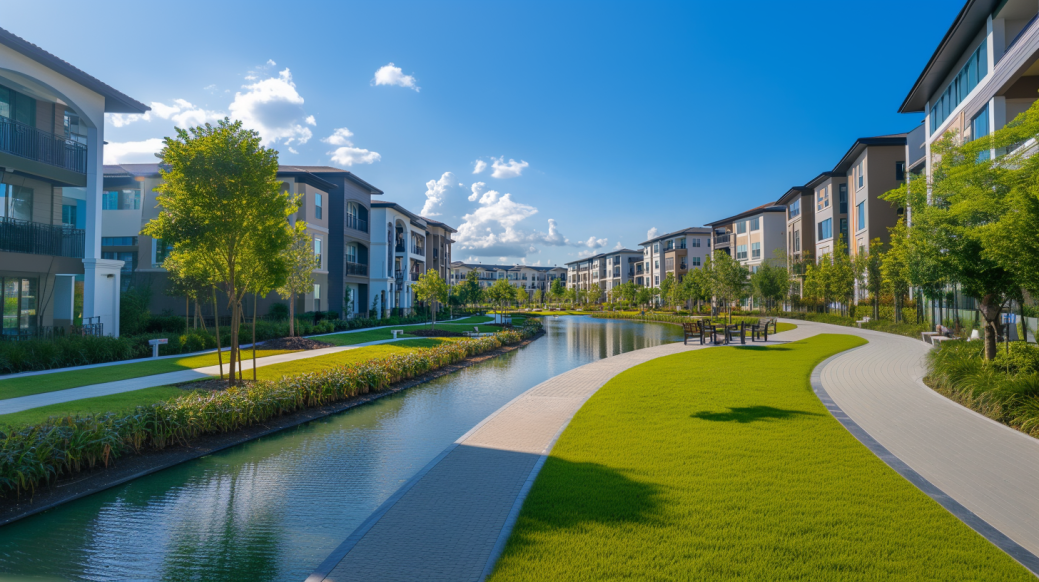 Top 5 Apartment Developers in the USA 1 Modern apartment complex with scenic landscaping, walking paths, and a water feature.