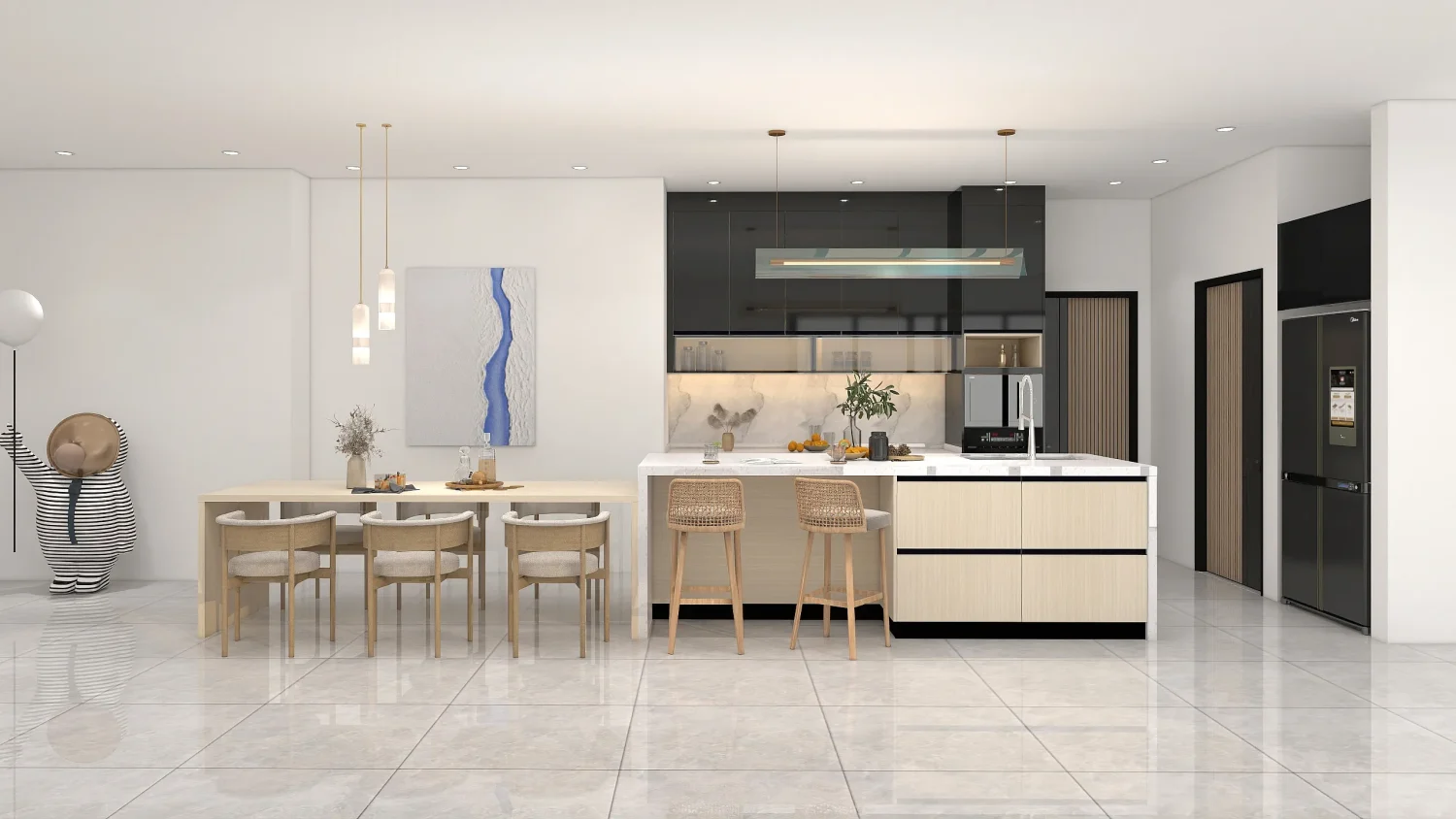 Bold color contrasts with dark melamine cabinets and light wood lower cabinetry, featuring modular partition designs