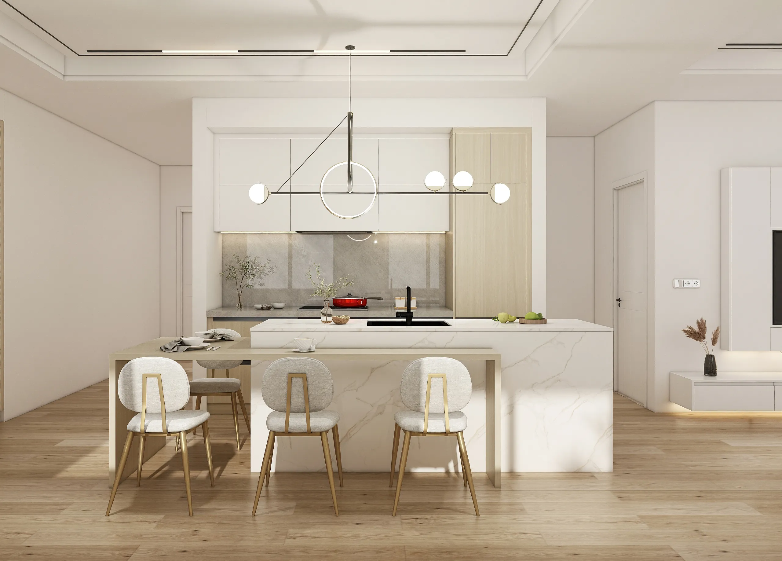 Bright kitchen featuring light melamine cabinets and a multifunctional island
