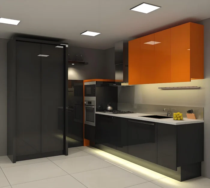 Combina gabinetes naranjas con detalles negros