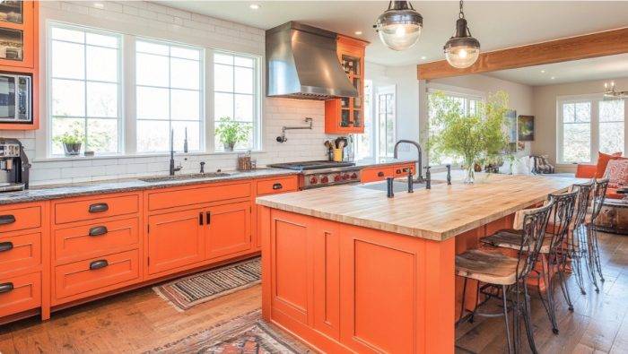 Combine orange kitchen cabinets with natural wood countertops