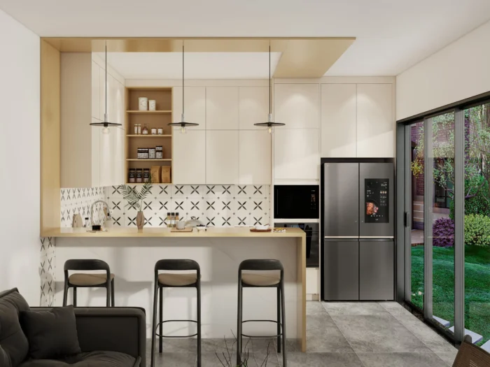 Mueble de cocina moderno contemporáneo con estantes abiertos