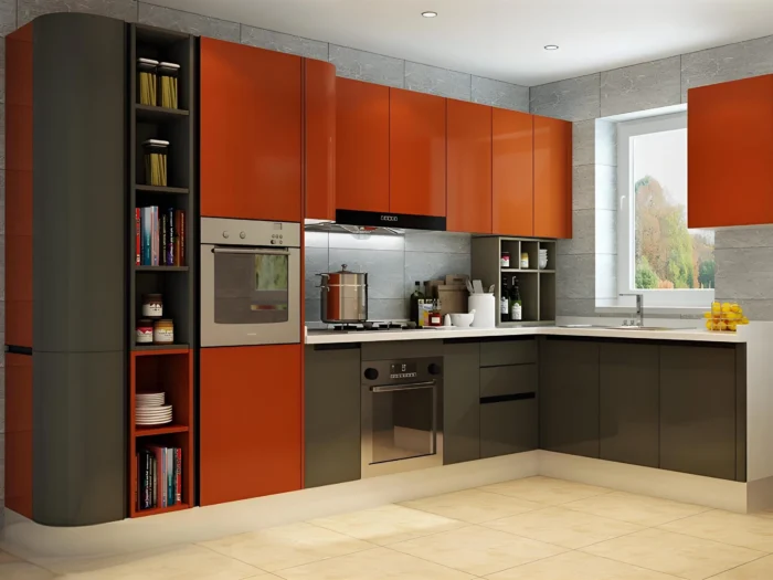 Coordine los gabinetes naranjas con una decoración llamativa