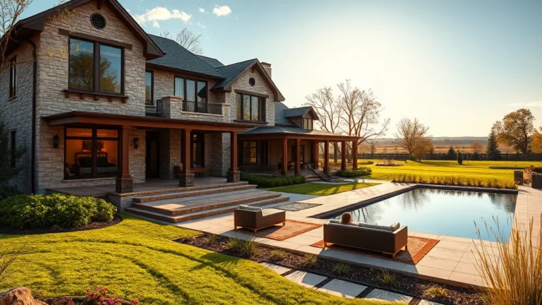 Luxury custom home with modern architecture, large windows, and a pool in the backyard