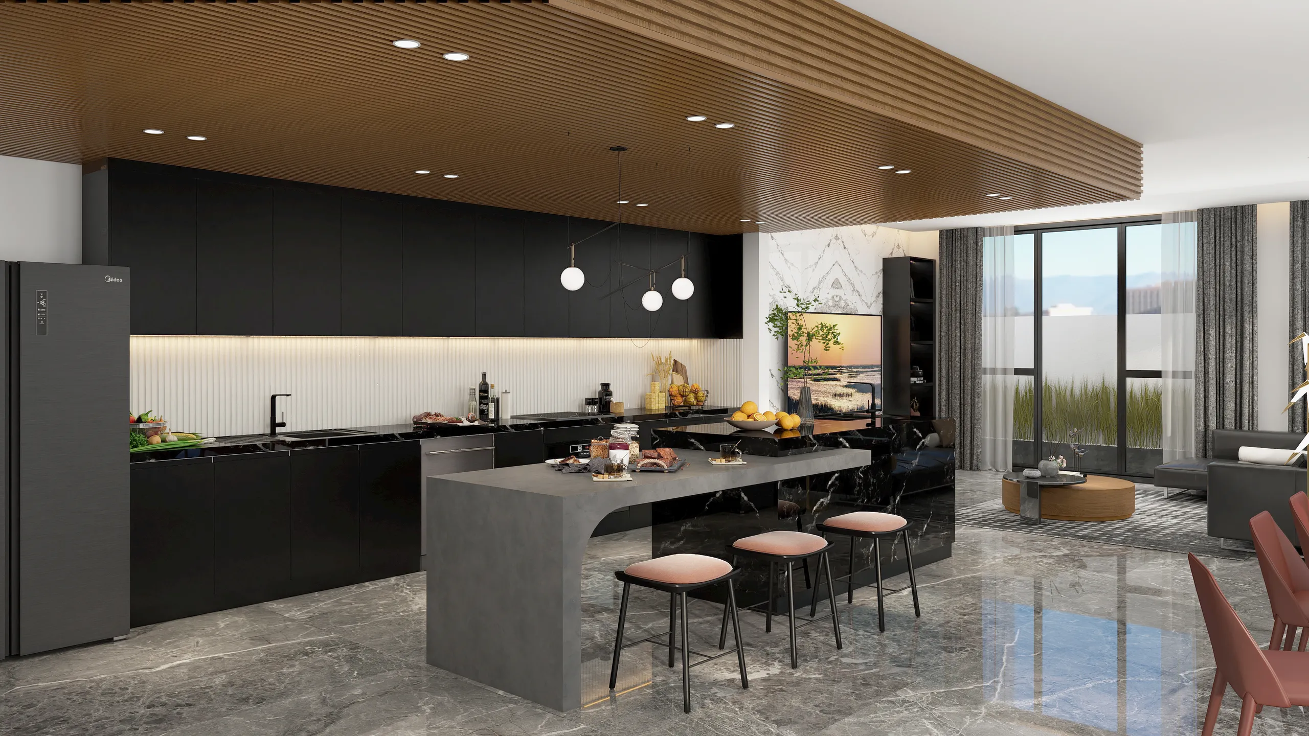 Dark Style Lacquer Kitchen Cabinets With Waterfall Backsplashes Island