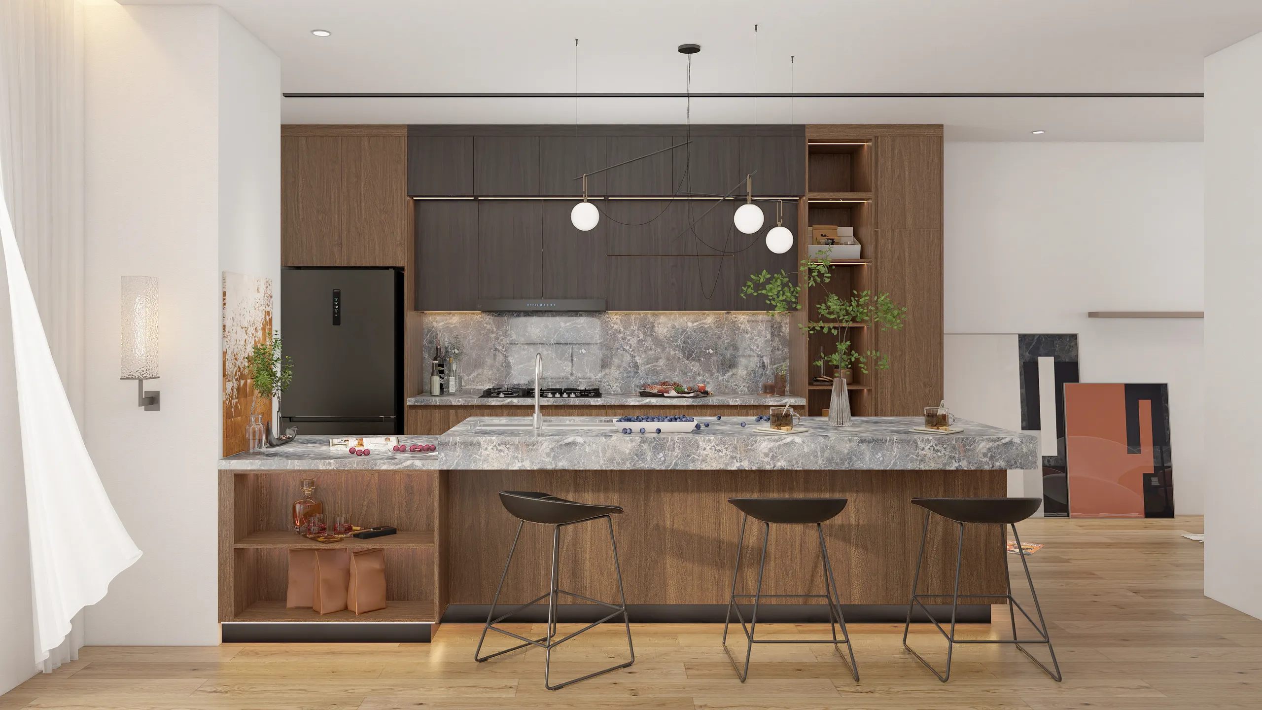 Dark Wood Laminate Kitchen Cabinets With Slab Cabinet Doors