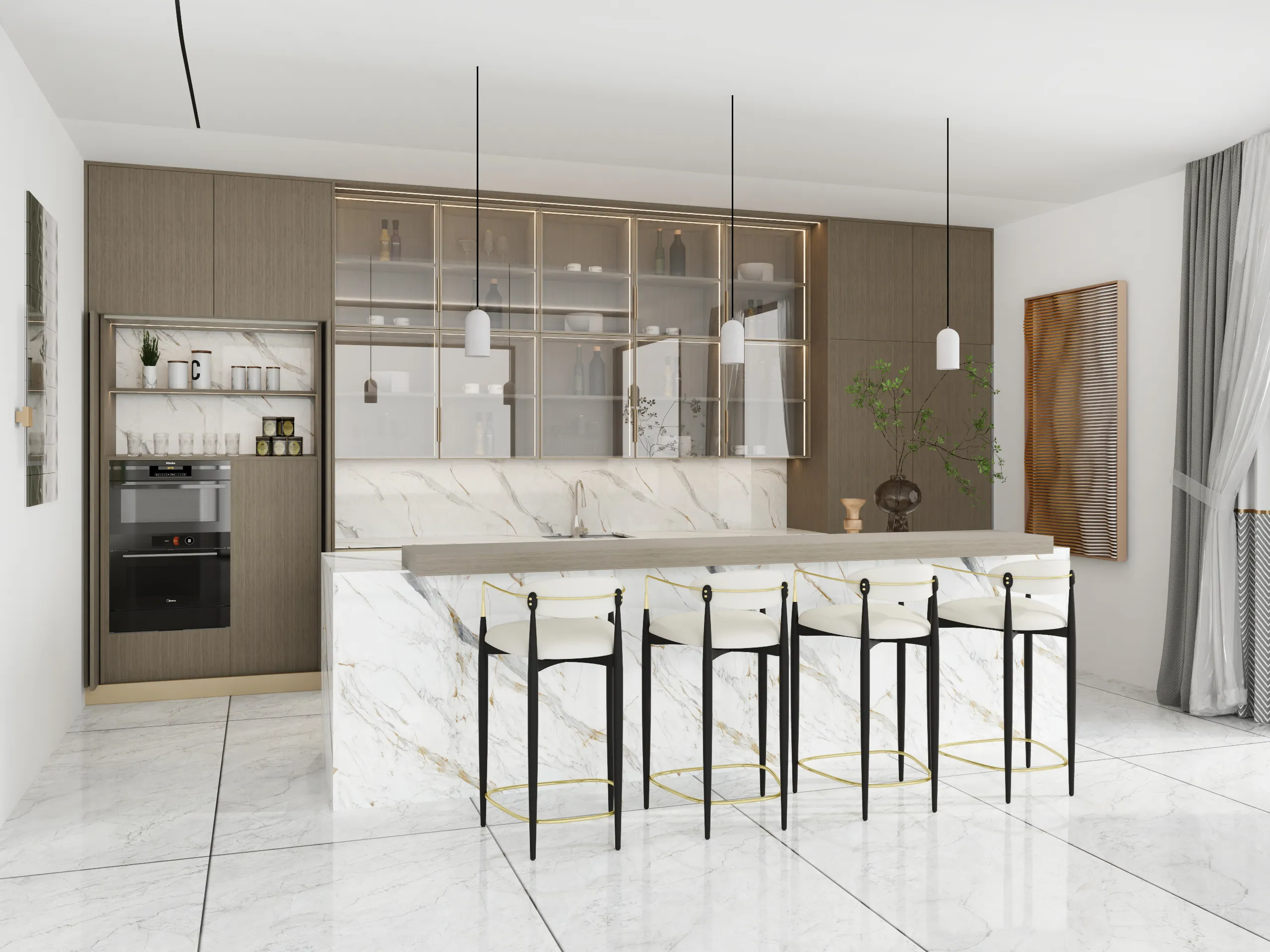 Dark melamine cabinetry combined with glass and recessed lighting for a sleek, modern kitchen