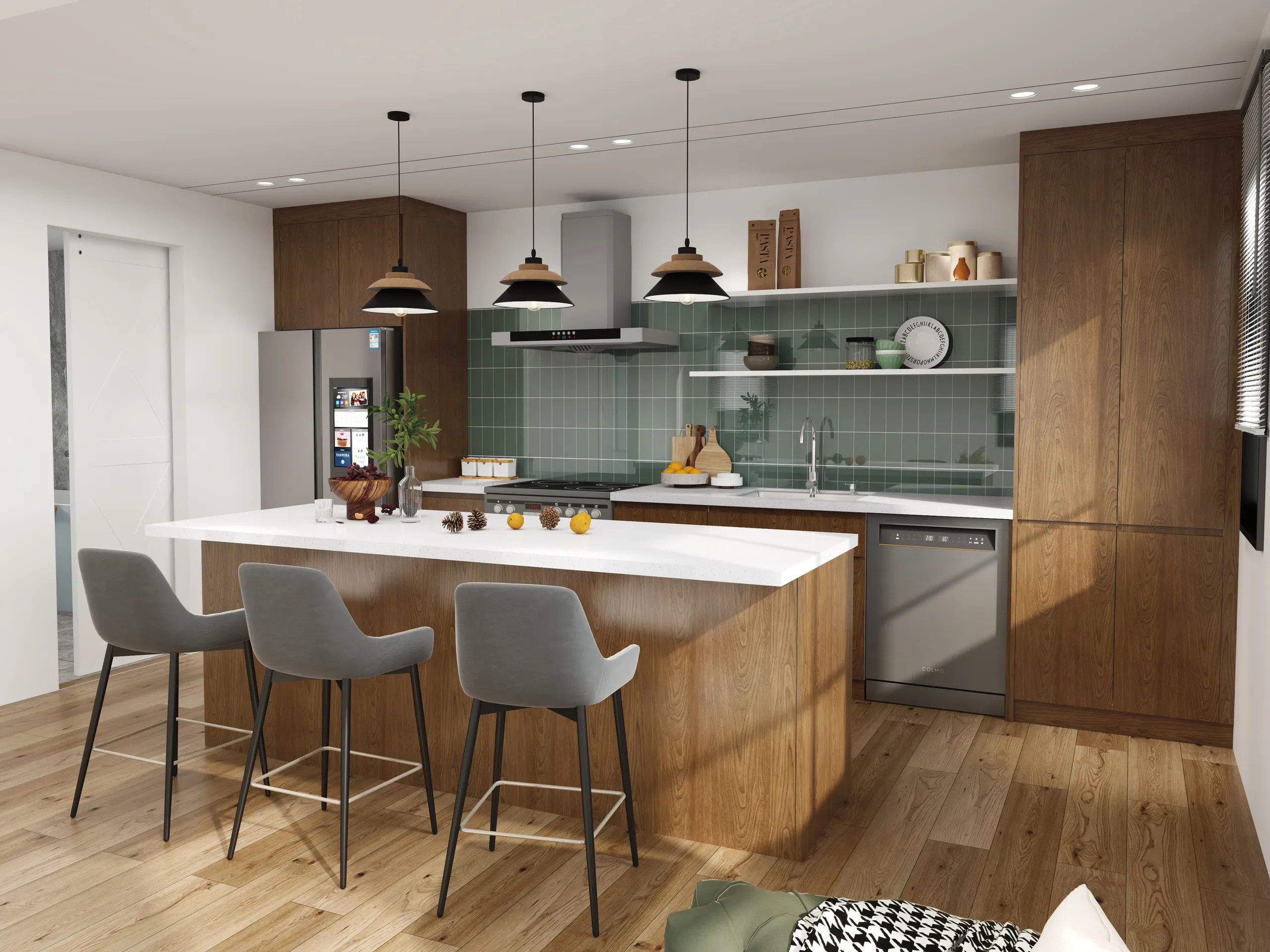 Dark oak melamine cabinetry paired with bold green wall tiles creating a modern kitchen with natural wood textures.
