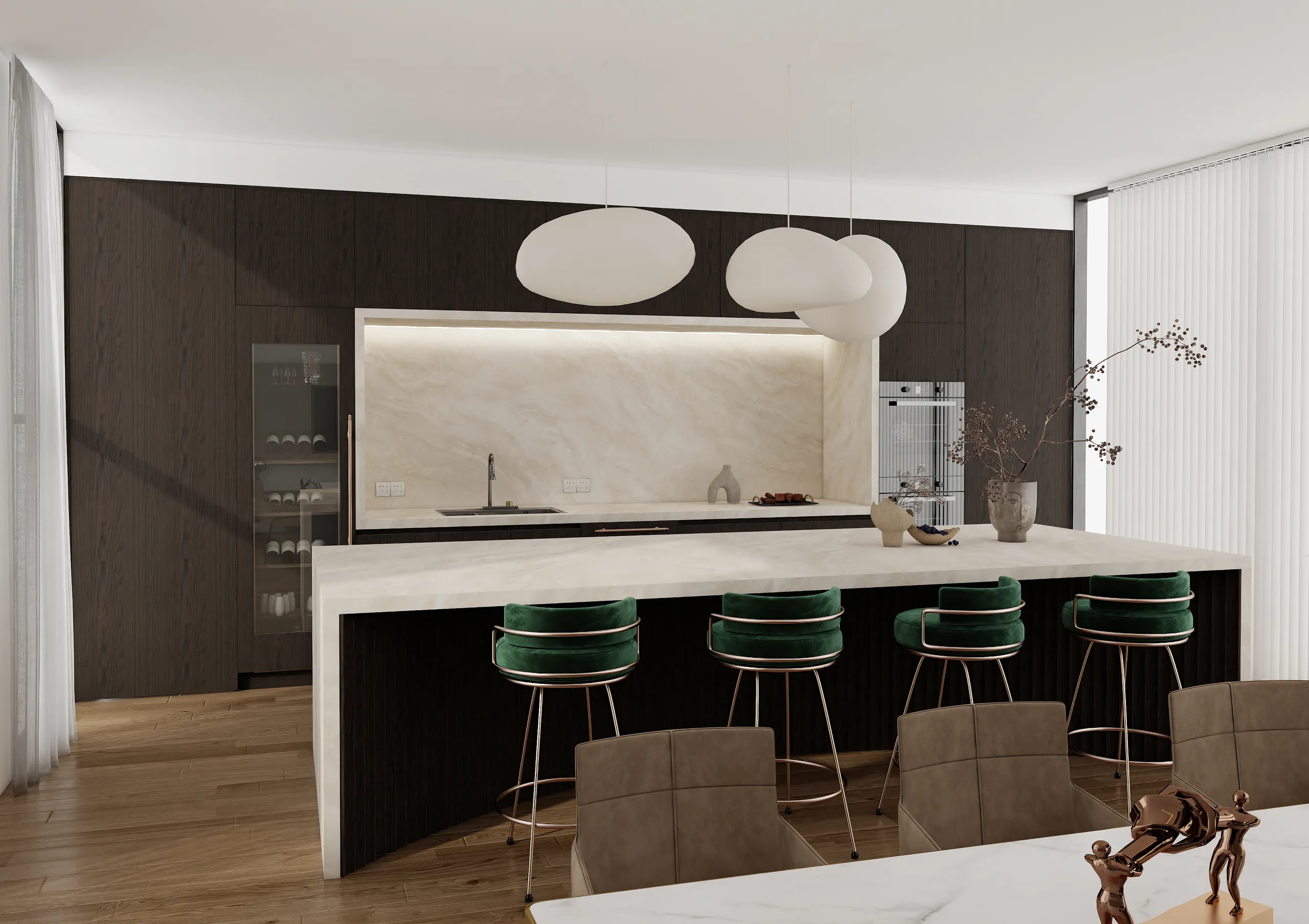 Dark wood veneer cabinets paired with a sleek marble countertop complemented by green velvet stools and contemporary lighting