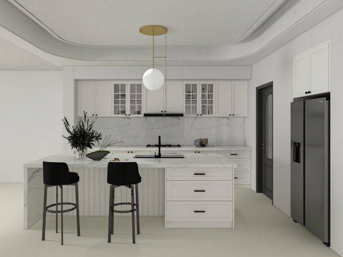 Efficient storage solutions with pull-out kitchen cabinets.