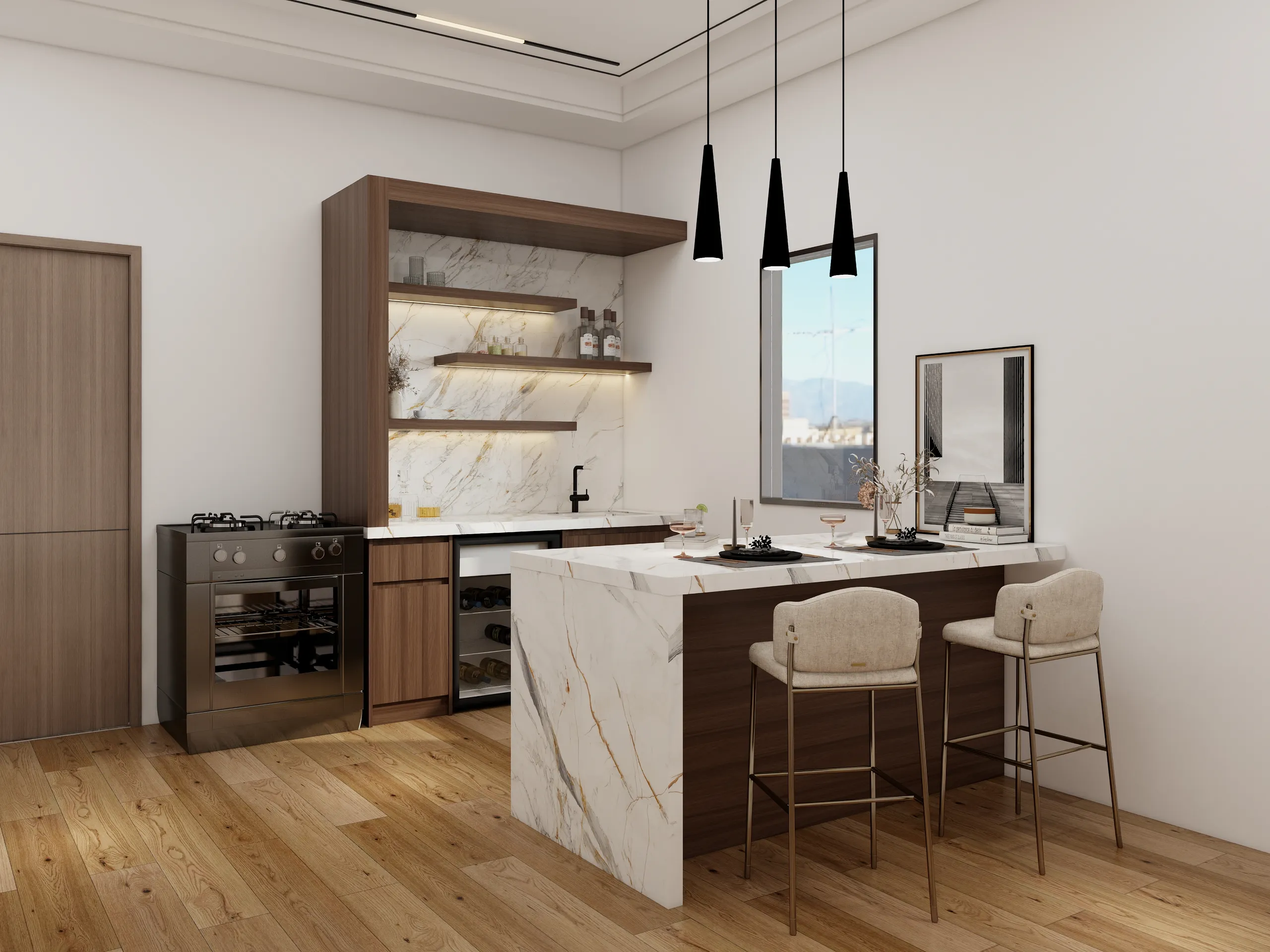 Elegant small kitchen featuring dark melamine cabinetry and luxurious marble accents