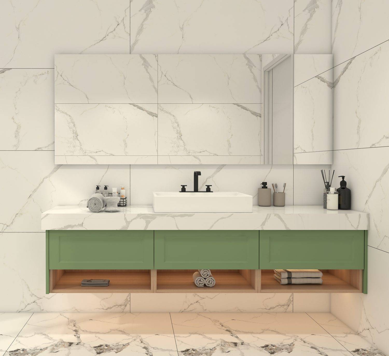 Bathroom with green cabinet and marble walls