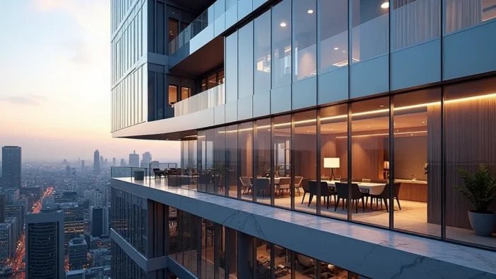 High-rise building with large glass windows offering breathtaking city views, designed to maximize vertical space.
