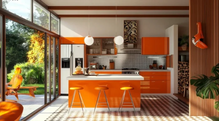 Incorporar el color naranja en un diseño de cocina retro