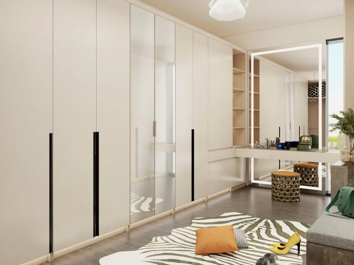 Lemari Pakaian Kustom Minimalis dengan Finishing Melamine Putih Elegan