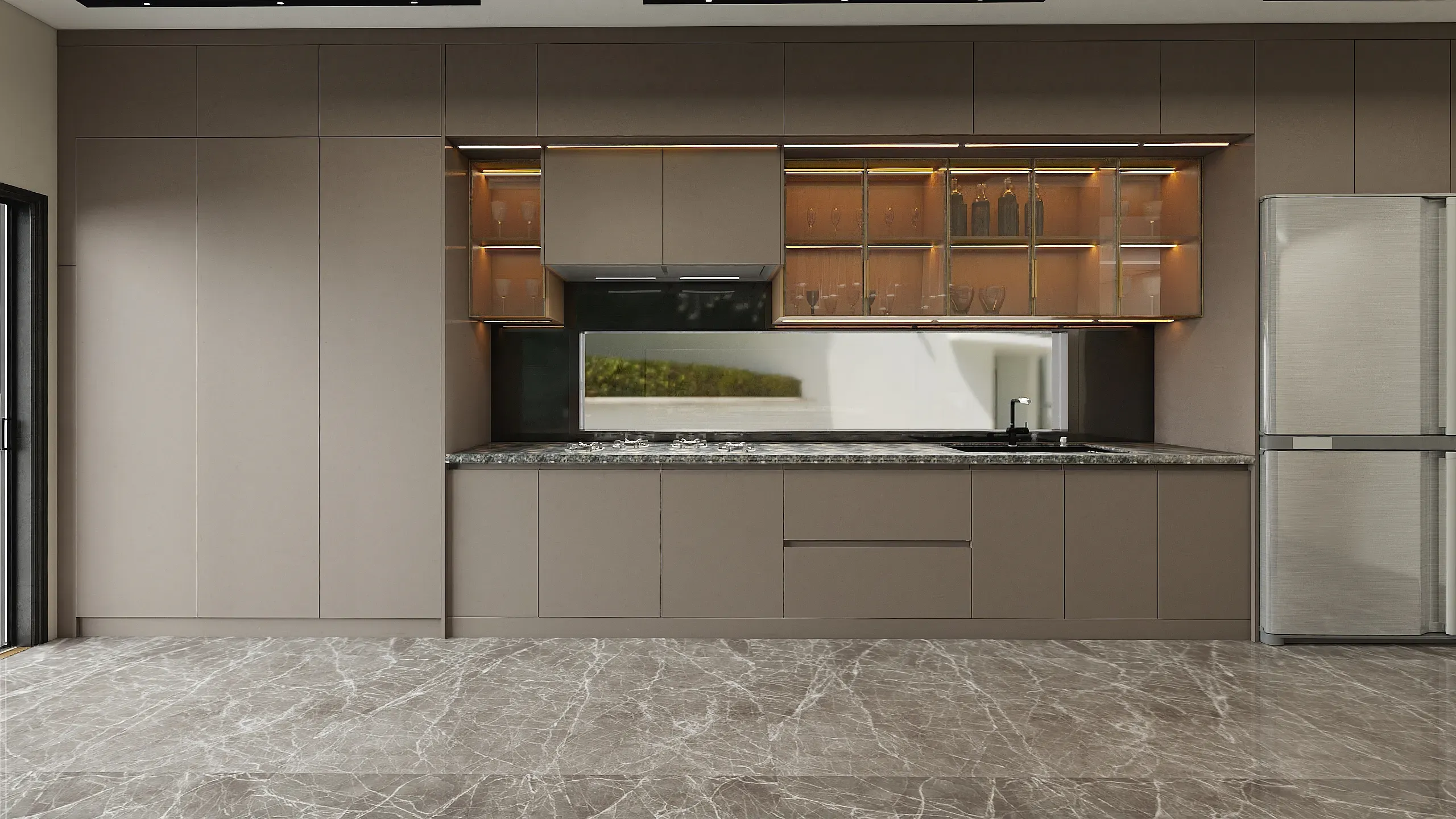 Light Brown One Wall Lacquer Kitchen Cabinets With Glass Display Door