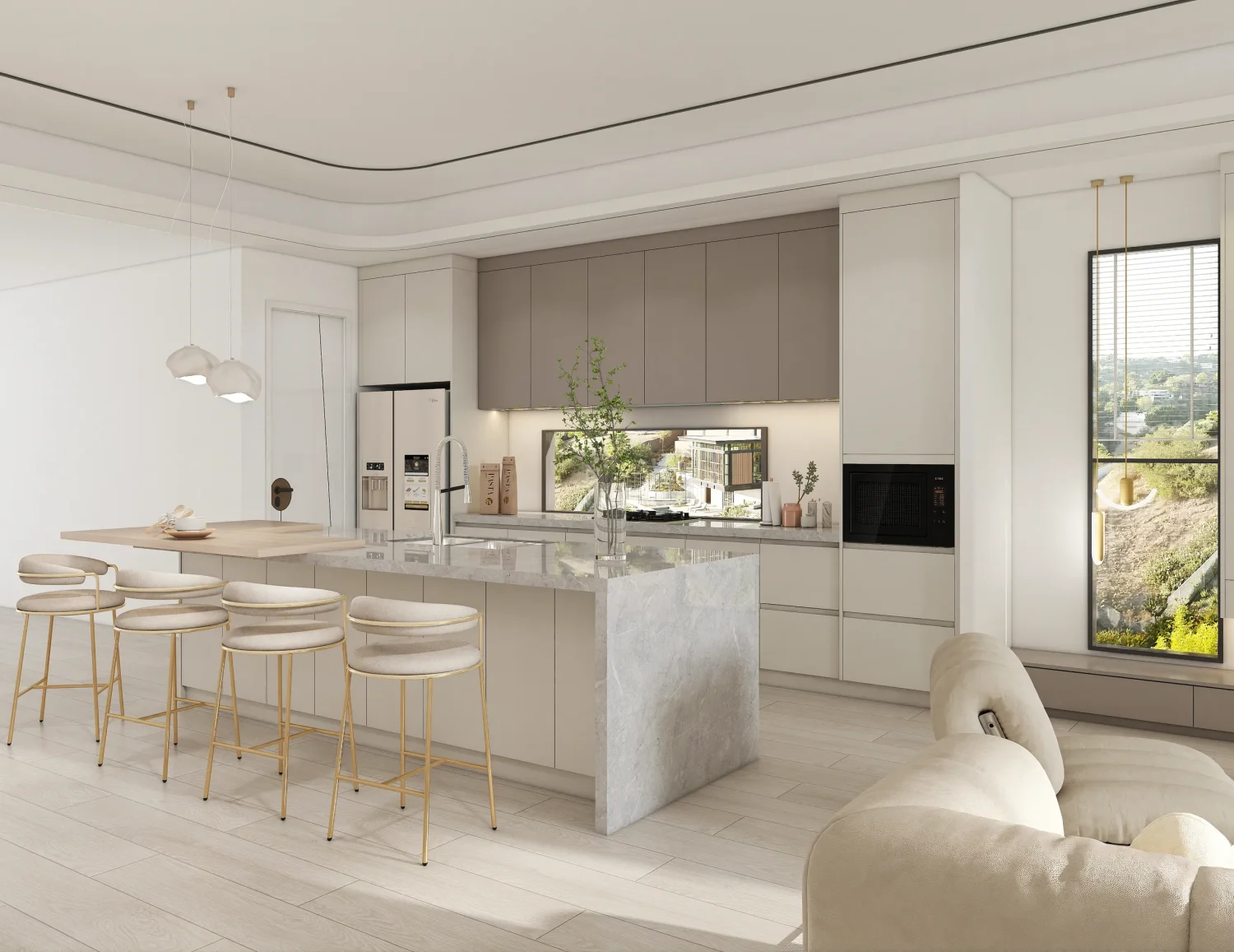 Light Cream Lacquer Kirchen Cainets With Marble Countertops