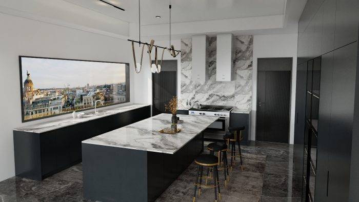 Luxurious Black Modern Kitchen Cabinet with Marble Accents