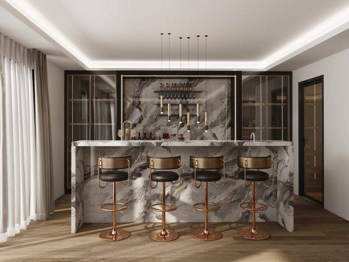 Luxury modern kitchen cabinets by PA Home with marble countertops, glass display shelves, and elegant gold-accented bar stools.