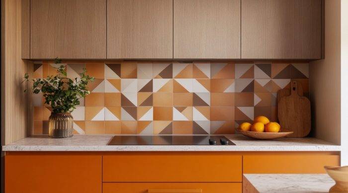 Match Orange Cabinets with Geometric Tile Backsplash