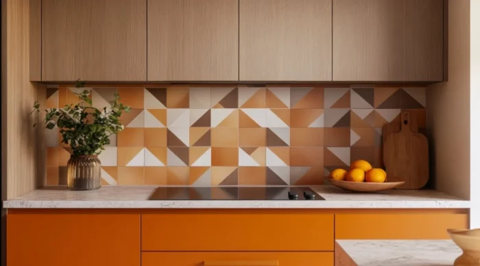 Combina gabinetes de color naranja con salpicadero de azulejos geométricos