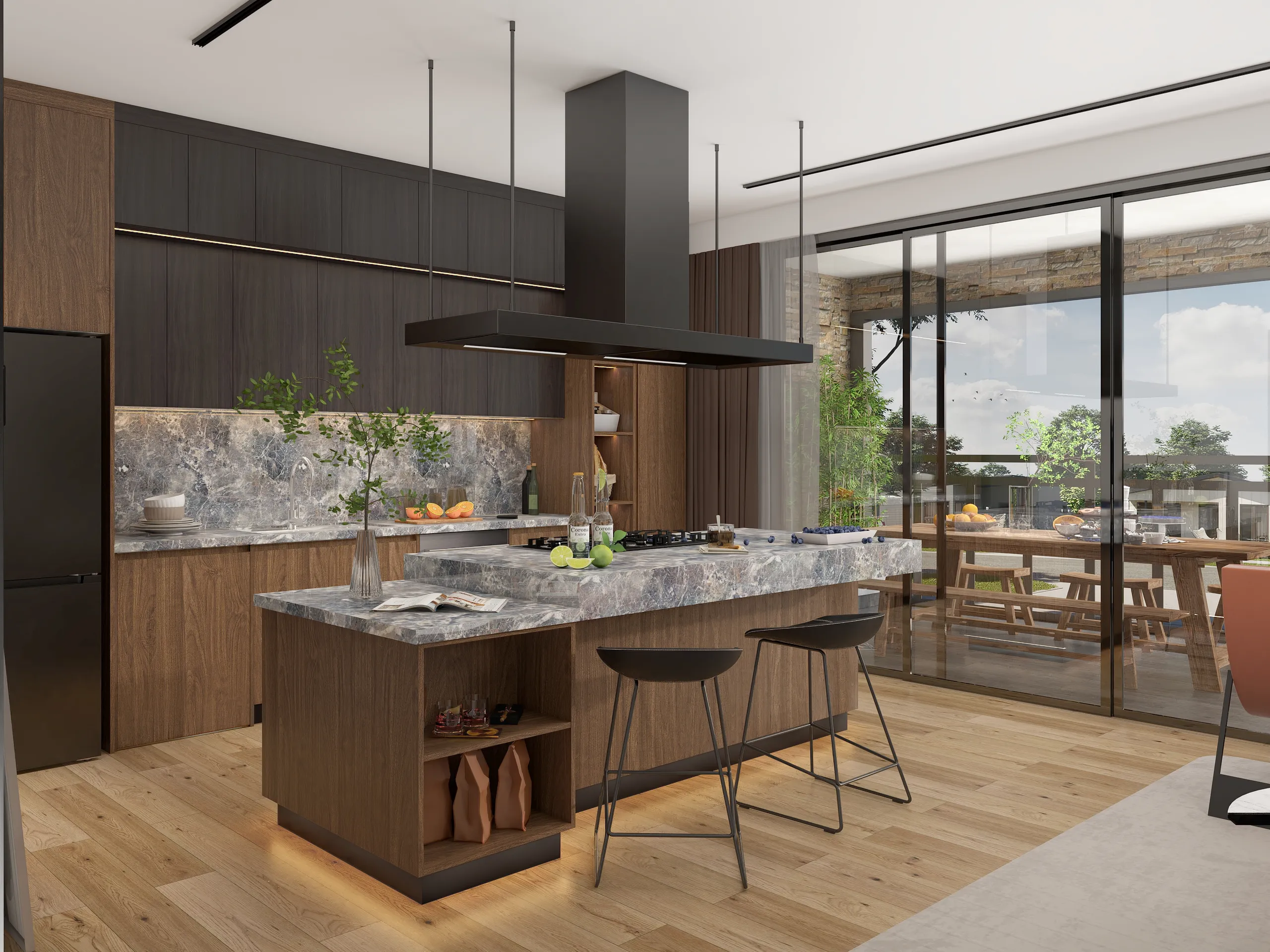 Modern kitchen with custom melamine cabinets and a stylish marble island