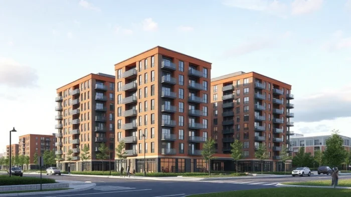 Modern apartment complex with brick exterior and balcony views, designed for residential living.