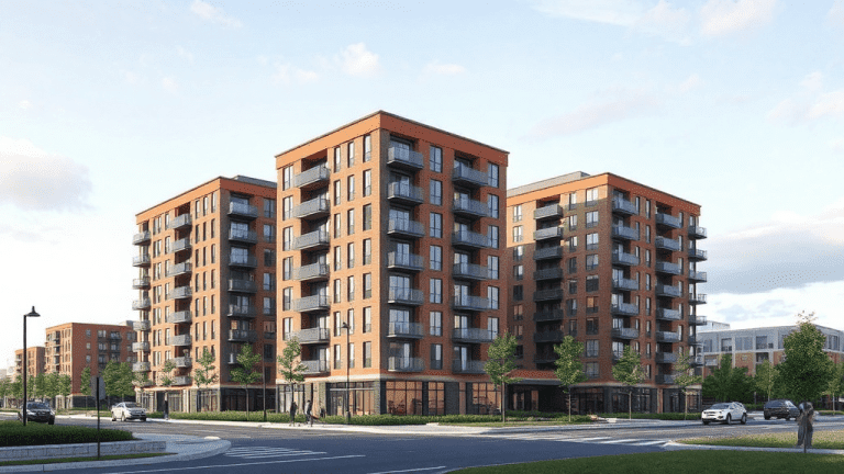 Modern apartment complex with brick exterior and balcony views, designed for residential living.