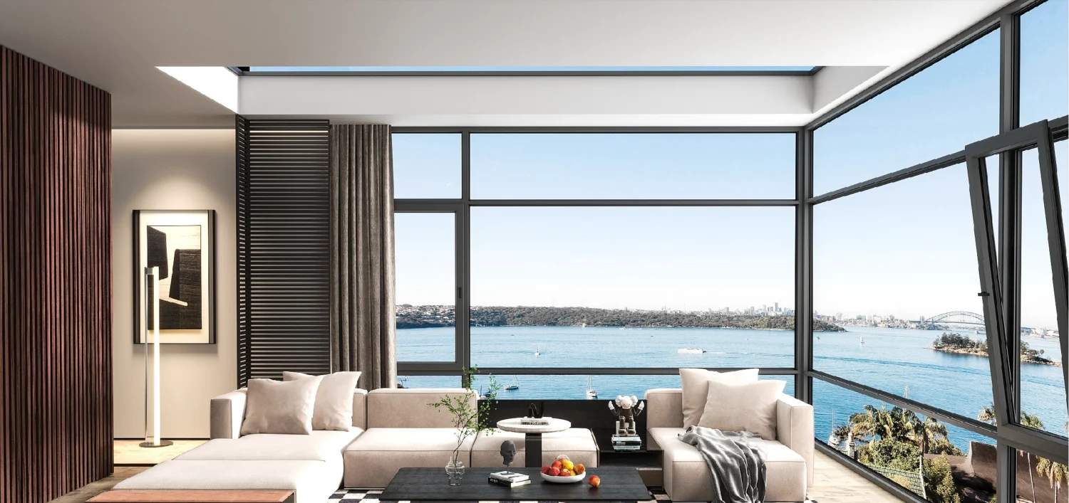 جناح فندقي عصري يتميز بنوافذ الألومنيوم من سلسلة Star C-C95 من PA Window، والتي تتميز بتصميم أنيق وكفاءة في استخدام الطاقة وأقصى قدر من الضوء الطبيعي.