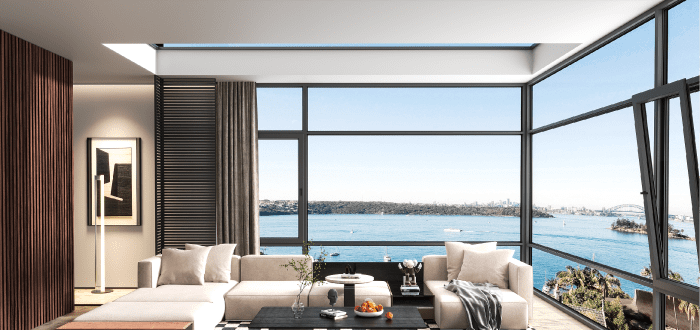 Modern hotel suite featuring PA Window’s Star C-C95 Series aluminum windows, showcasing sleek design, energy efficiency, and maximum natural light.