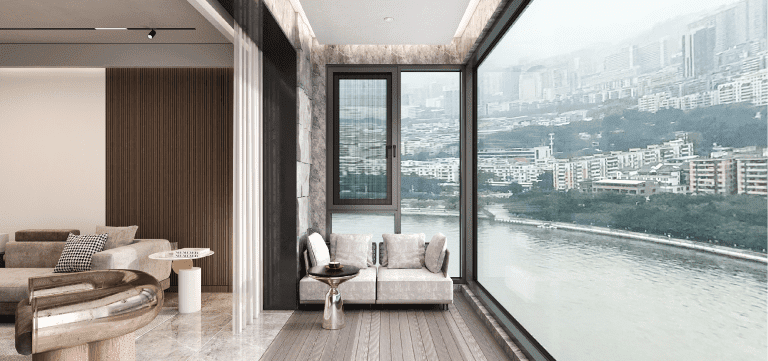 Modern PA Window’s Star C-C110 Series casement window with a panoramic city view.