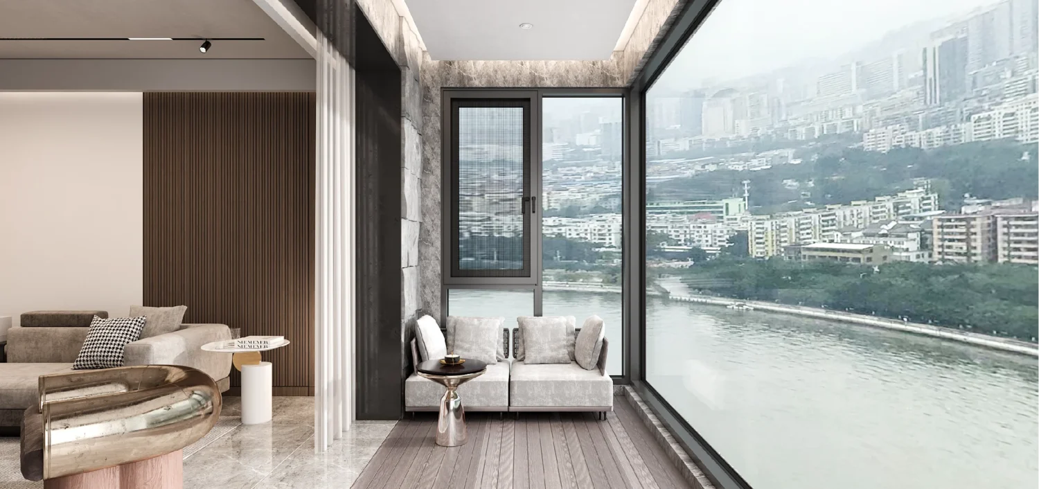 جناح فندقي فاخر يتميز بنافذة C-C110 ذات الإطار Star Series من PA Window، والمصممة لعزل الصوت وتقليل الضوضاء بشكل فائق.