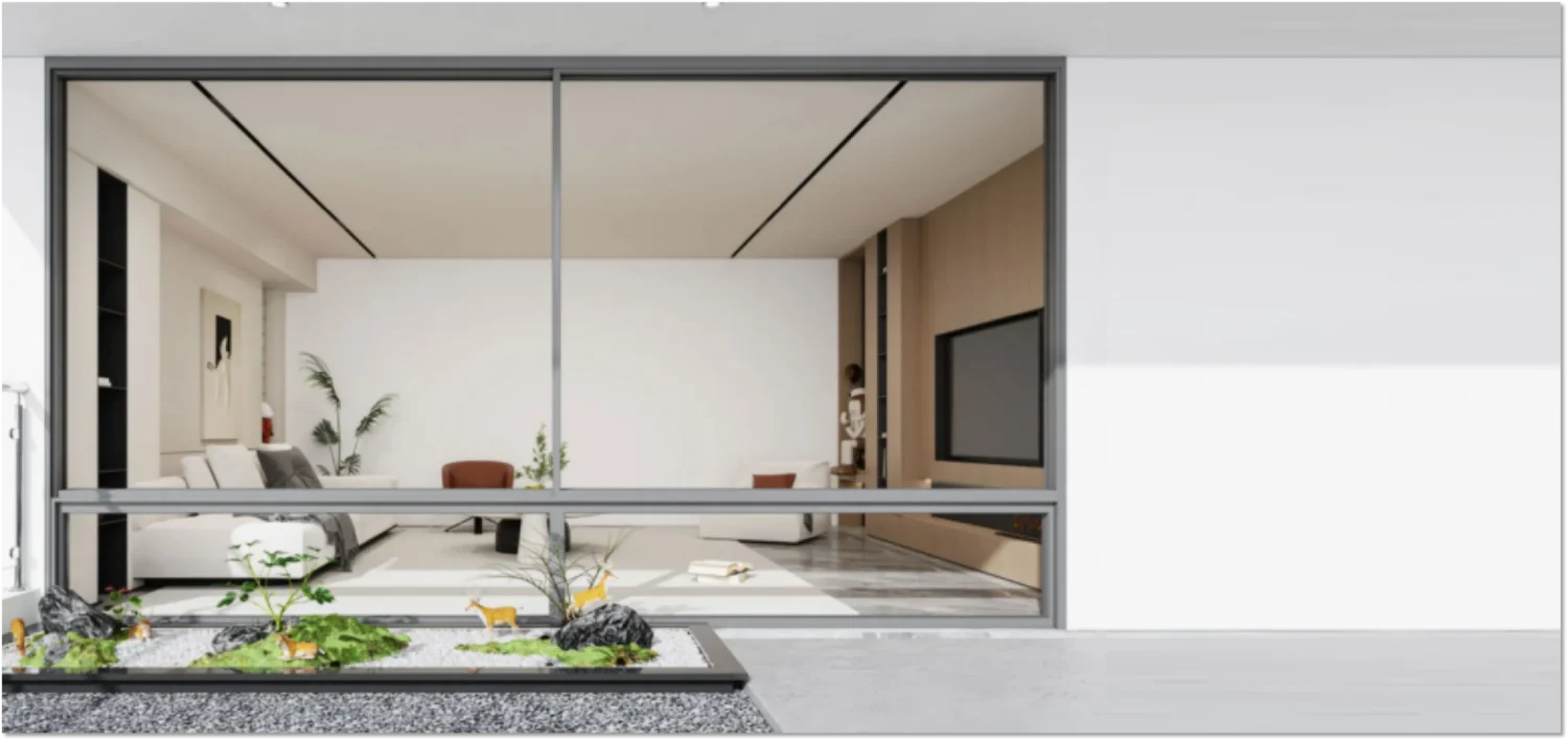 Optimizing Passive House Windows for Commercial Building Construction 2 Wide sliding window in a modern living room with a minimalist design, featuring a view of a calm outdoor space.