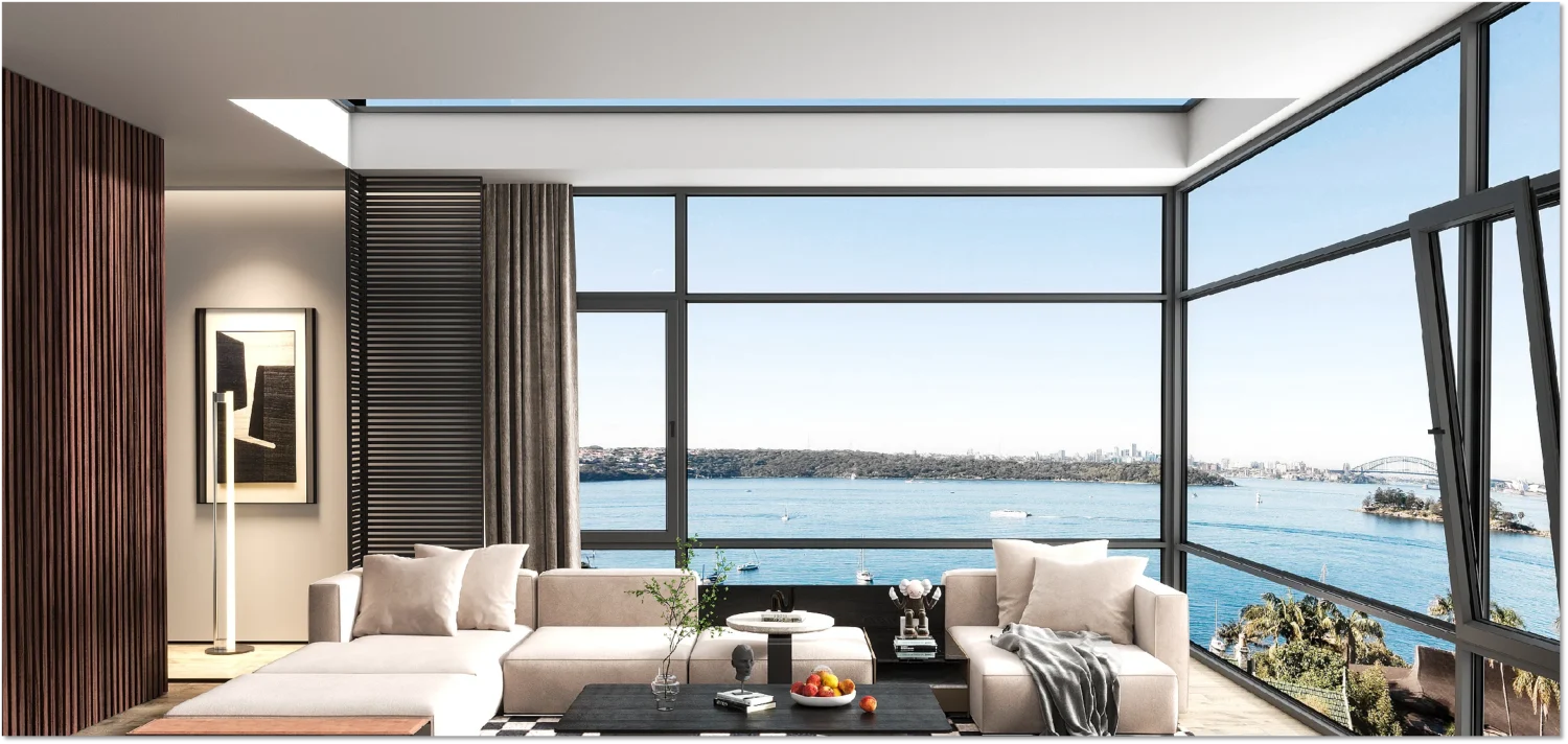 Optimizing Passive House Windows for Commercial Building Construction 3 Contemporary Passive House window providing panoramic views in a luxurious living room with modern furniture.
