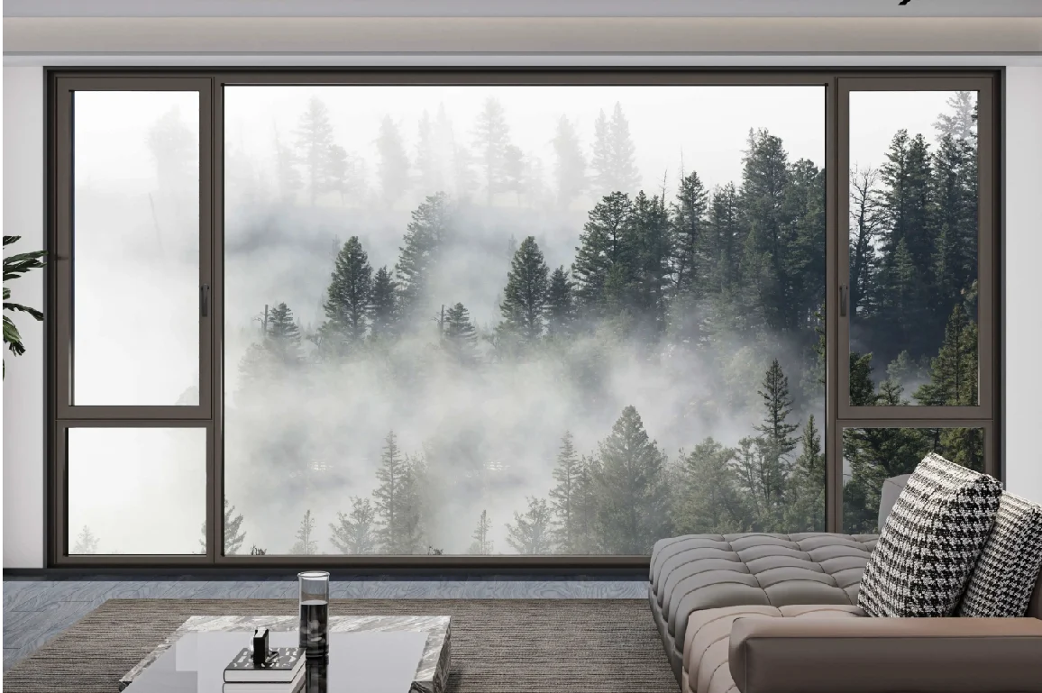 Optimizing Passive House Windows for Commercial Building Construction 1 Interior view of a living space with large Passive House windows offering scenic views of the forest.