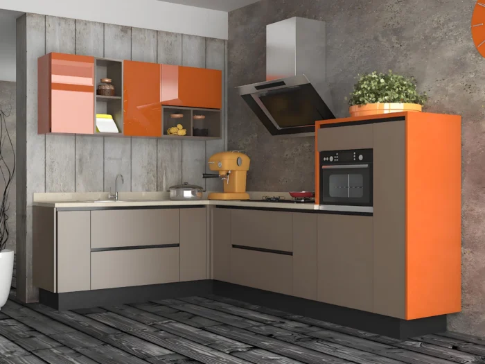 Combina gabinetes de color naranja con paredes de ladrillo abiertas