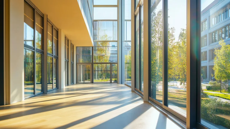 Modern Passive House windows in commercial building with large glass panels offering energy efficiency and natural light.