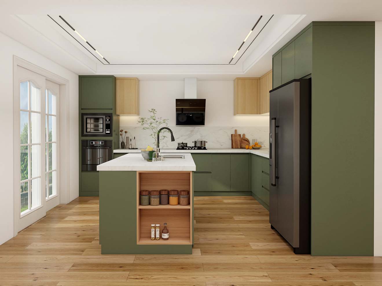 Rich Emerald Green And Warm Wood Modern Lacquer Kitchen Cabinets