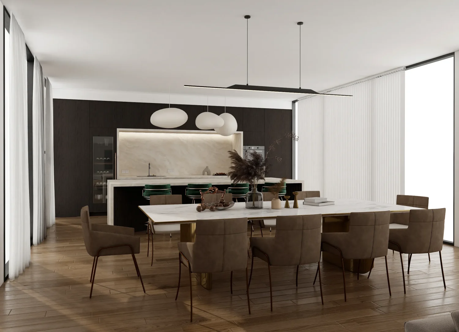 Dark wood veneer cabinets with clean lines and sleek design modernize the kitchen space