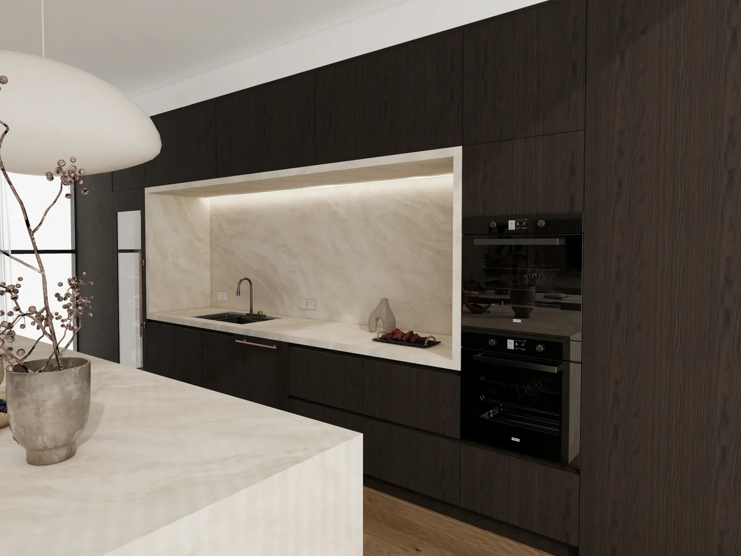Dark wood veneer cabinets with clean lines and sleek design modernize the kitchen space