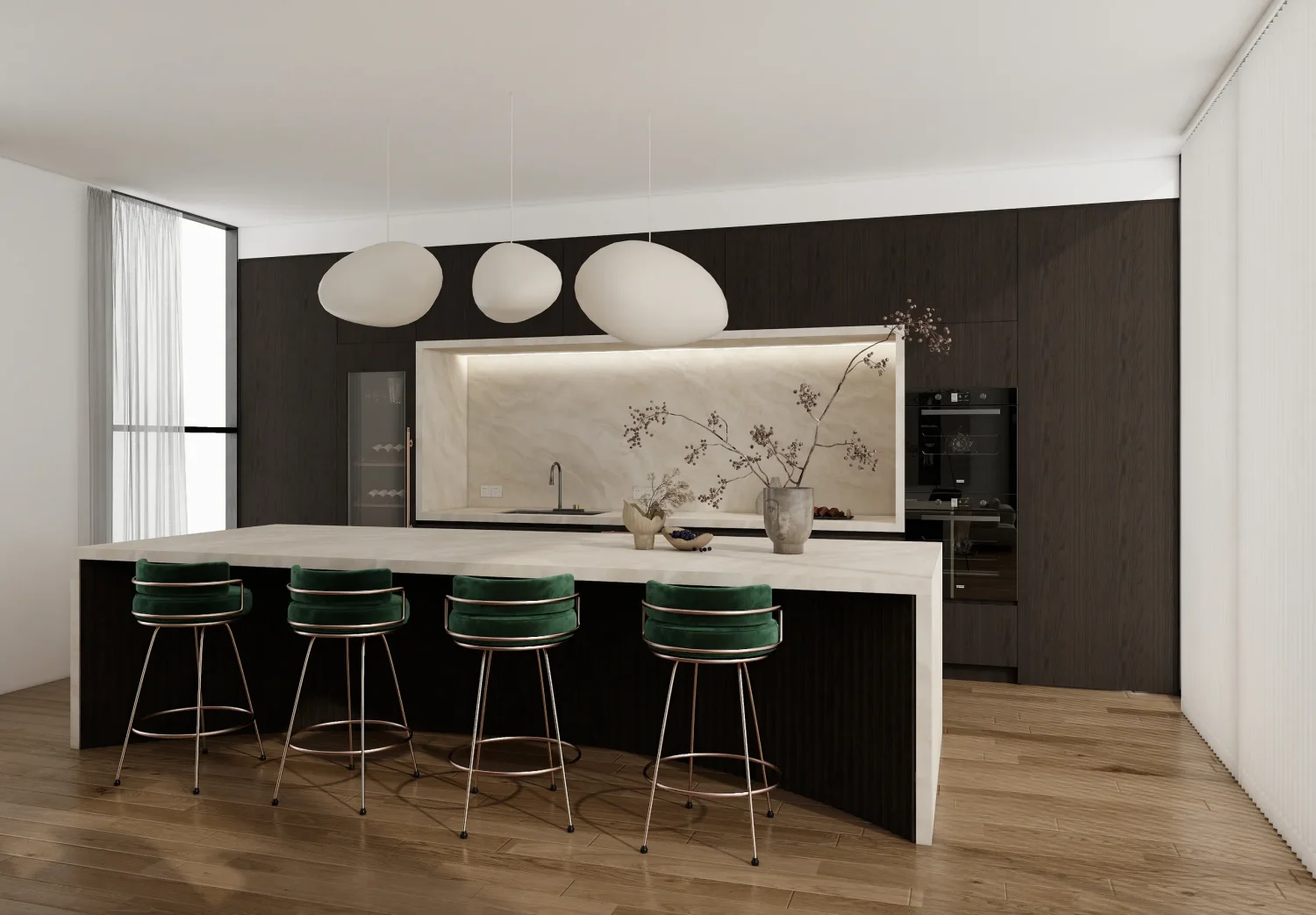Dark wood veneer cabinets with clean lines and sleek design modernize the kitchen space