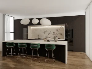 Dark wood veneer cabinets with clean lines and sleek design modernize the kitchen space