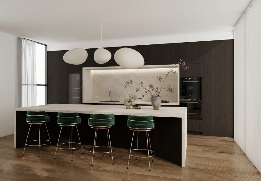 Dark wood veneer cabinets with clean lines and sleek design modernize the kitchen space